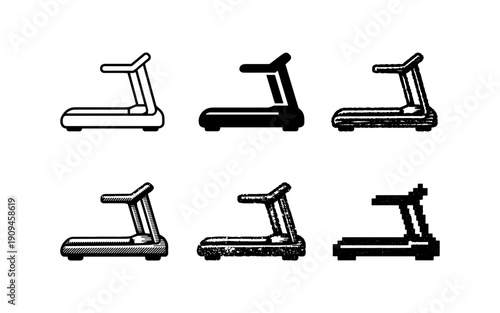 Collection of six different treadmill icons in various styles and textures for fitness and exercise