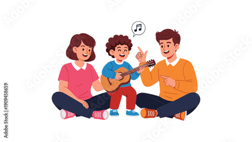 A cheerful family of three is depicted sitting together with a young boy playing a guitar and sharing music with his parents high quality professional