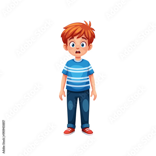 A full body cartoon illustration depicts a young boy with reddish brown hair and a surprised slightly fearful expression on his face high quality professional