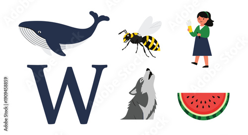 Educational alphabet set for the letter W featuring a whale, a wasp, a wolf, a girl with a whisk, and a watermelon slice.