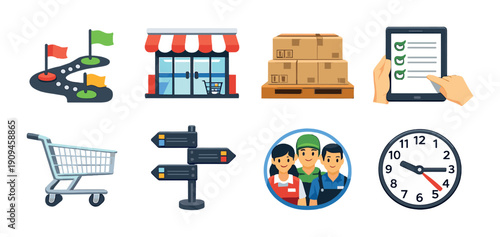 E-commerce logistics and management icons: delivery, packaging, teamwork, time scheduling, digital tools