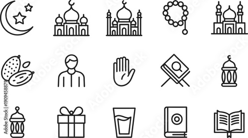 Ramadan Icons Set with Mosque, Crescent Moon, Prayer Beads and and Gift Box