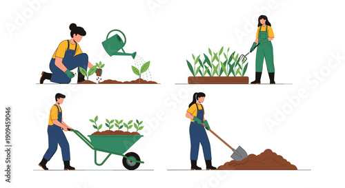 Group of gardeners working on their urban farm with activities like planting seedlings and moving soil in a wheelbarrow.