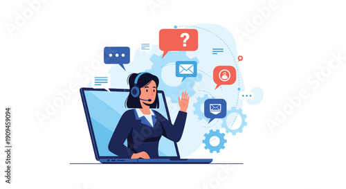 Customer support representative woman with a headset appearing from a laptop screen surrounded by communication icons and gears.