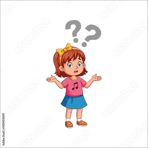 A young girl with red hair and a pink bow appears confused shrugging her shoulders with question marks above her head high quality professional detailed