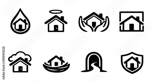 Home safety icons: secure home, flood, insurance, protection, shelter
