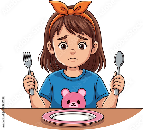 A young girl with brown hair appears sad holding utensils and looking at an empty plate suggesting a lack of appetite high quality professional detailed