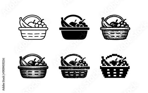 Collection of fruit basket icons in various artistic styles and textures