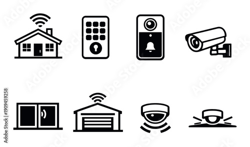 Smart home security icons: camera, doorbell, alarm, wi-fi, monitoring devices