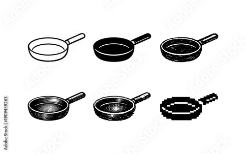 Collection of six different styles of frying pans in isometric view
