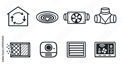 Home ventilation and air quality system icons on dark background