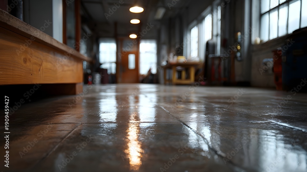 Fototapeta premium A low angle shot of a polished damp workshop floor reflecting the warm glow of overhead lights and diffused daylight from industrial
