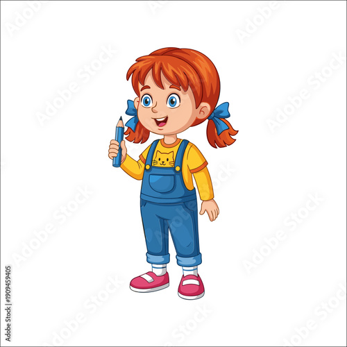 A cheerful young girl with vibrant red hair is depicted holding a blue pencil radiating creativity and youthful energy high quality professional detailed modern elegant