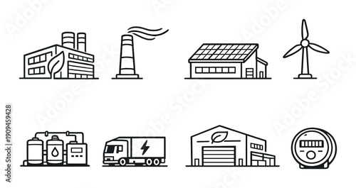 Industrial and sustainable energy icons featuring factories and renewable solutions