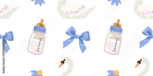 Flat vector seamless pattern of cute nursery elements in soft pastel colors. swan, baby bottle and floral decorations. Perfect for kids design, baby shower, nursery decor and sticker