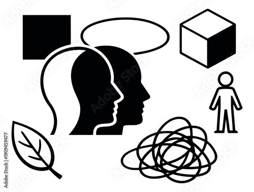 Clean line art conceptual symbols set featuring human heads, geometric forms, a leaf, and abstract scribbles for problem solving and psychological concepts