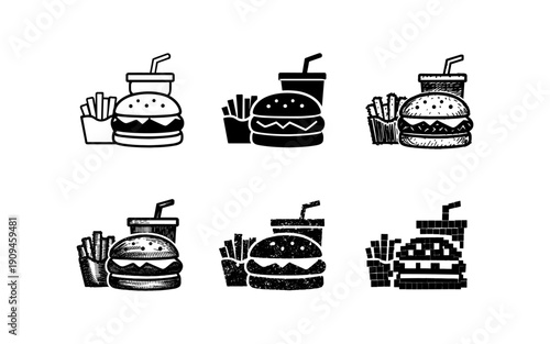 Collection of six different styles of burger and fries icons with soda drinks