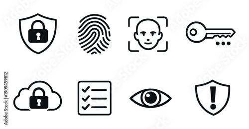 Security icons: lock, fingerprint, facial recognition, key, cloud, checklist, eye, alert shield