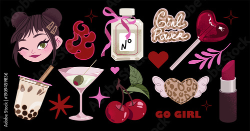 Trendy Feminine Sticker Set - Girl Power Aesthetic, Makeup, Bubble Tea, Lipstick, Perfume, Cocktail, Cute Cartoon Vector Elements. Trendy glamour coquette sticker set with girl power theme. 