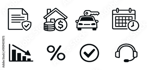 Black finance and service icons on dark background