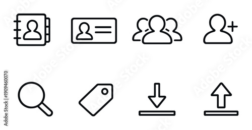 Minimalistic icon set on dark background: contact, user, search, tag, download, upload