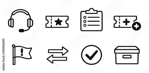 Minimalist icons for online support, tickets, checklists, transactions, and delivery