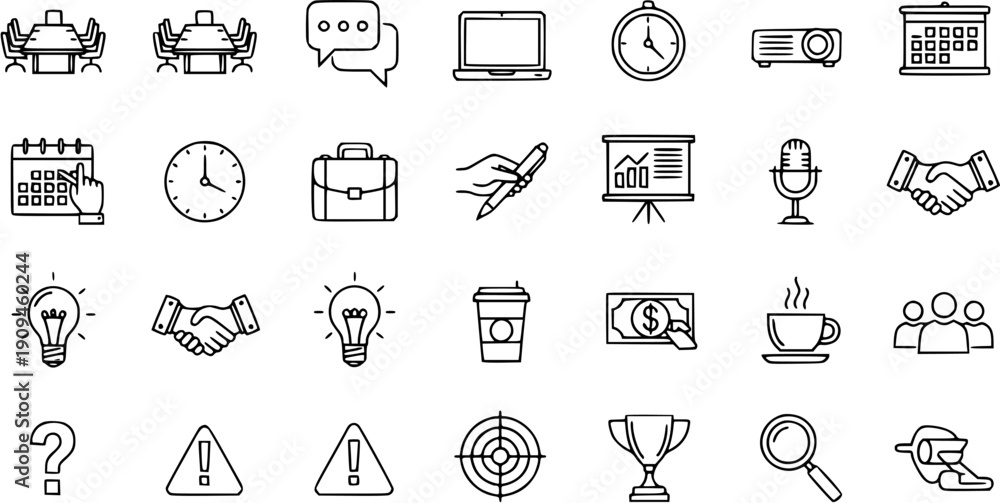 Fototapeta premium Business and Finance Icons: Meeting, Calendar, Laptop, Clock, Projector, Presentation, Money, Coffee, Teamwork More