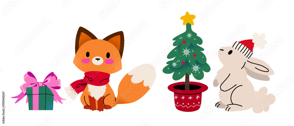 Naklejka premium Cute fox and rabbit in Christmas scene with gift box and tree, festive vector illustration for kids, cards, stickers and holiday design.