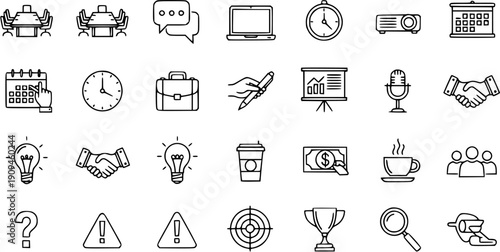 Business and Finance Icons: Meeting, Calendar, Laptop, Clock, Projector, Presentation, Money, Coffee, Teamwork  More