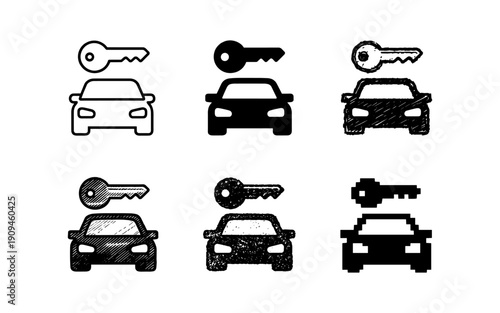 Collection of car and key icons representing different styles and digital formats