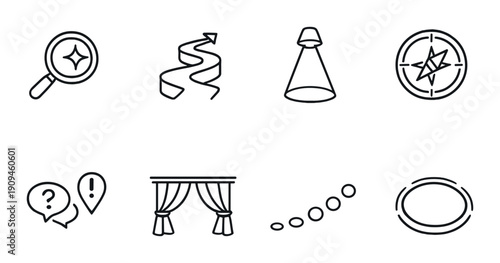 Minimalist icons: spotlight, compass, magnifying glass, curtains, exclamation marks