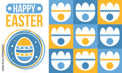Happy Easter in April. Christian spring holiday in honor of the resurrection of Christ. Biblical history. Traditional dyeing eggs with patterns, fun game for children searching for easter eggs. Vector