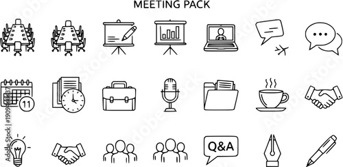 Outline vector icons set for business meeting, office presentation, online conference and team communication pack