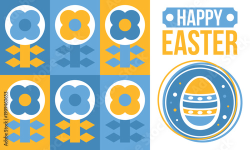 Happy Easter in April. Christian spring holiday in honor of the resurrection of Christ. Biblical history. Traditional dyeing eggs with patterns, fun game for children searching for easter eggs. Vector