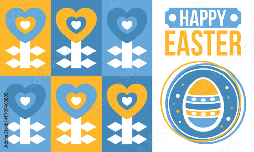 Happy Easter in April. Christian spring holiday in honor of the resurrection of Christ. Biblical history. Traditional dyeing eggs with patterns, fun game for children searching for easter eggs. Vector