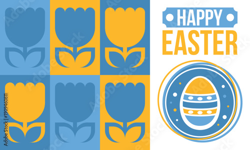 Happy Easter in April. Christian spring holiday in honor of the resurrection of Christ. Biblical history. Traditional dyeing eggs with patterns, fun game for children searching for easter eggs. Vector