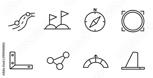 Minimalist icon set featuring travel, sport, and navigation symbols