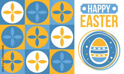 Happy Easter in April. Christian spring holiday in honor of the resurrection of Christ. Biblical history. Traditional dyeing eggs with patterns, fun game for children searching for easter eggs. Vector