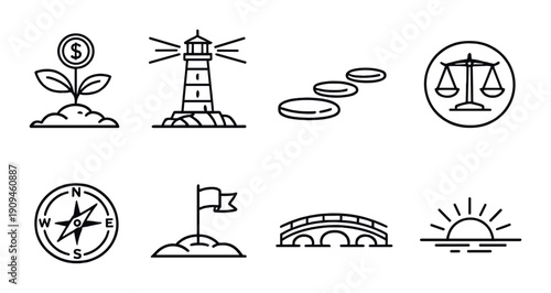 Minimalist icon set: finance, lighthouse, coins, justice scale, compass, flag, bridge, sunset