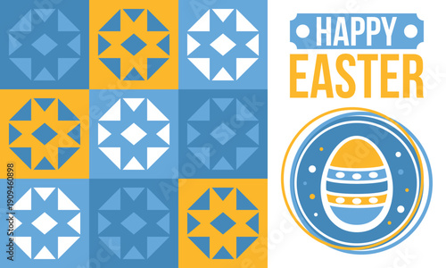 Happy Easter in April. Christian spring holiday in honor of the resurrection of Christ. Biblical history. Traditional dyeing eggs with patterns, fun game for children searching for easter eggs. Vector