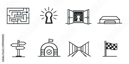 Maze, keyhole, door, podium, signs, tunnel, bridge, finish flag icons on black background