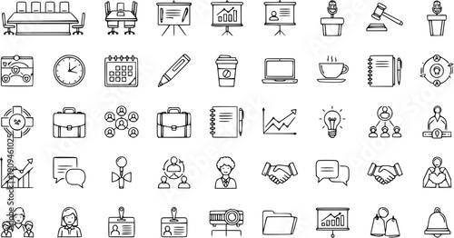Business and Office Icon Set: Meeting, Finance, Teamwork, and Technology Icons