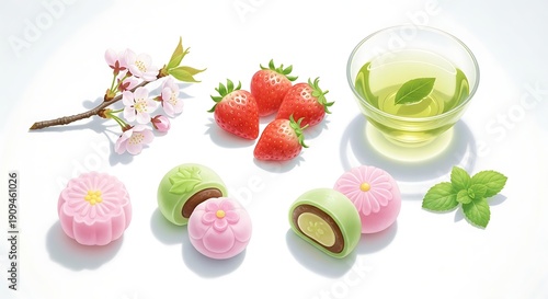 Authentic Japanese sweets illustration with wagashi and tea, traditional Japanese sweets illustration with sakura and strawberry, seasonal Japanese sweets illustration set on white.