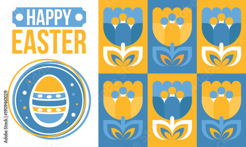 Happy Easter in April. Christian spring holiday in honor of the resurrection of Christ. Biblical history. Traditional dyeing eggs with patterns, fun game for children searching for easter eggs. Vector