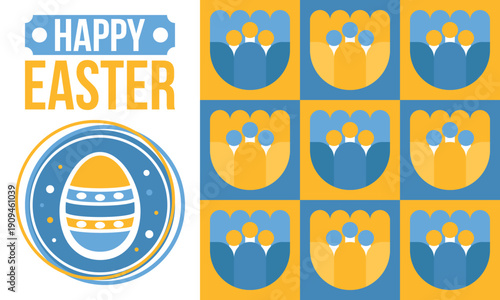 Happy Easter in April. Christian spring holiday in honor of the resurrection of Christ. Biblical history. Traditional dyeing eggs with patterns, fun game for children searching for easter eggs. Vector