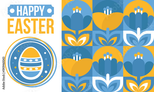 Happy Easter in April. Christian spring holiday in honor of the resurrection of Christ. Biblical history. Traditional dyeing eggs with patterns, fun game for children searching for easter eggs. Vector