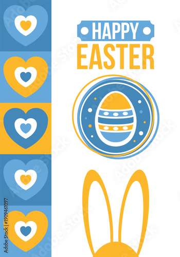 Happy Easter in April. Christian spring holiday in honor of the resurrection of Christ. Biblical history. Traditional dyeing eggs with patterns, fun game for children searching for easter eggs. Vector
