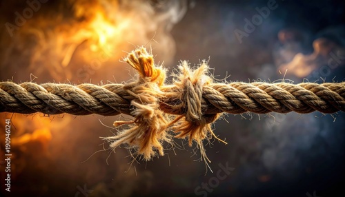 Close up of a thick jute rope fraying and snapping under tension against a background of fire and dark smoke