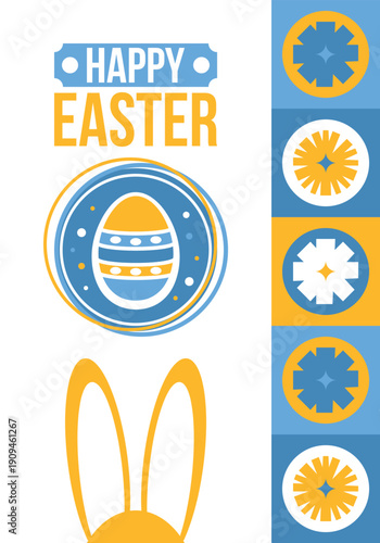 Happy Easter in April. Christian spring holiday in honor of the resurrection of Christ. Biblical history. Traditional dyeing eggs with patterns, fun game for children searching for easter eggs. Vector
