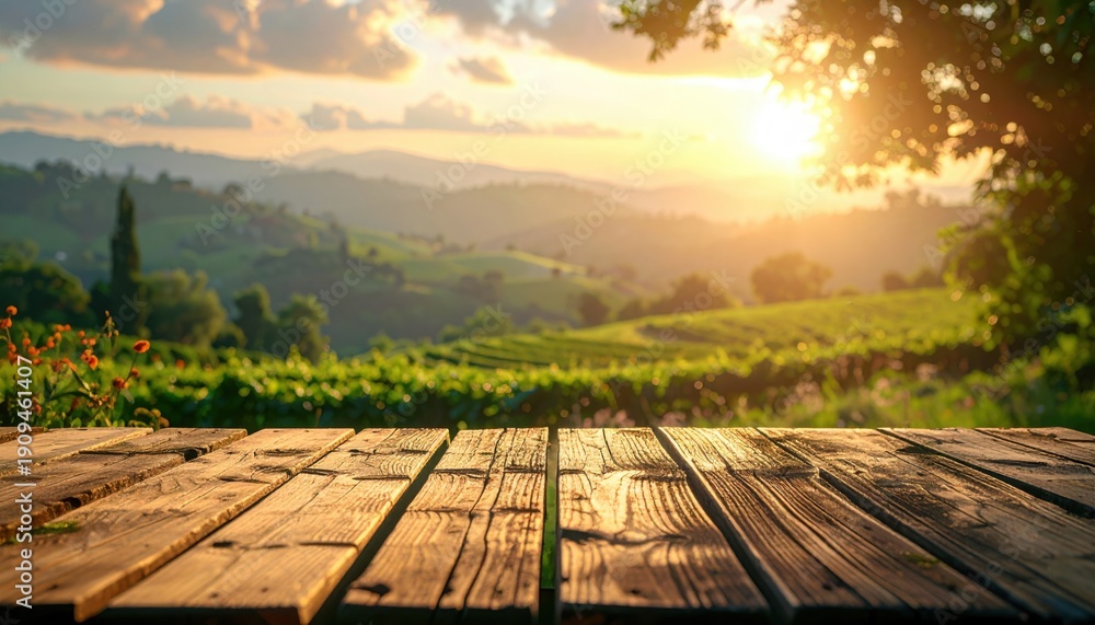 Naklejka premium Empty rustic wooden table overlooking rolling green hills and vineyards during golden sunset with soft hazy mountains